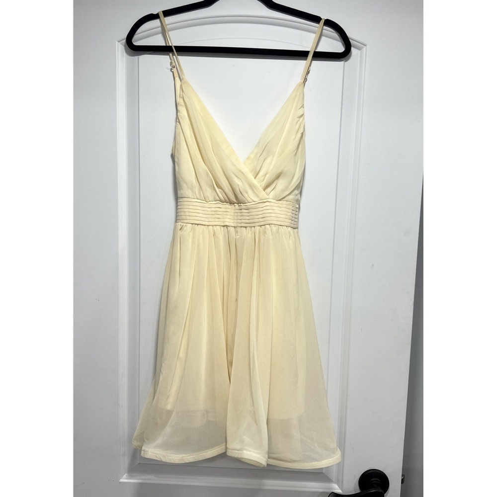 Windsor Pale Yellow Crème Chiffon Mini Dress V-Neck Spaghetti Strap Small